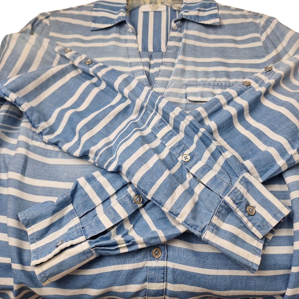 New York & Company Blue White Stripe Button‎ Up Shirt - Picture 7 of 15